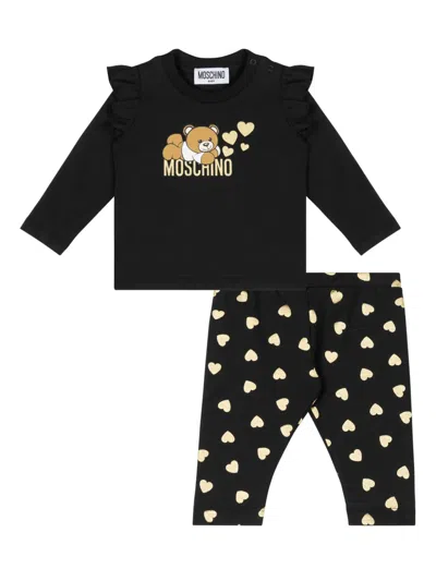 Moschino Babies' Teddy Bear-print Cotton Trouser Set In Black