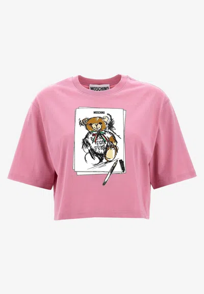 Moschino Printed Knitted Short T-shirt In Pink
