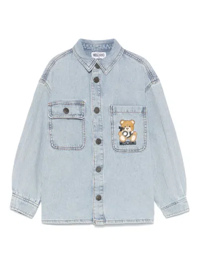 Moschino Kids' Teddy Bear-print Denim Shirt In Blue