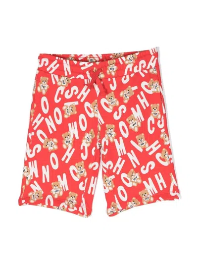 Moschino Kids' Teddy Bear-print Drawstring Shorts In Red