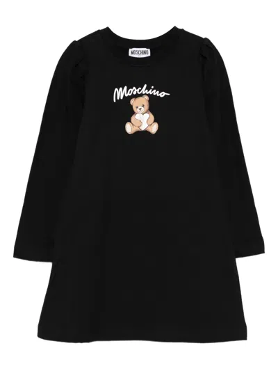Moschino Kids' Teddy Bear-print Long-sleeve Dress In Black