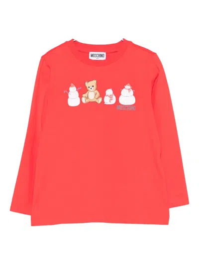 Moschino Kids' Teddy Bear-print Long-sleeved T-shirt In Red