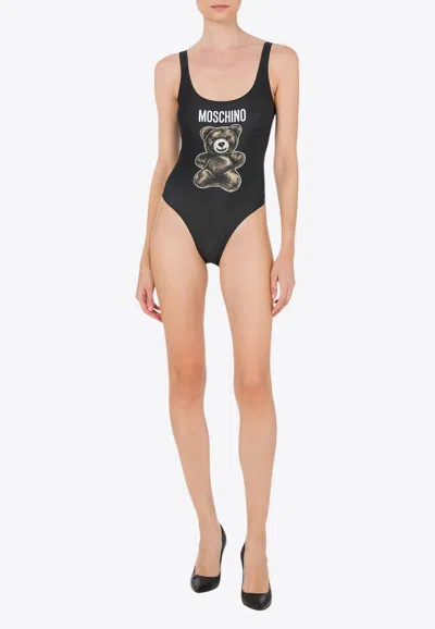 Moschino Teddy Bear Print One-piece Swimsuit In Black
