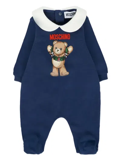 Moschino Babies' Teddy-print Collared Pajama In Blue