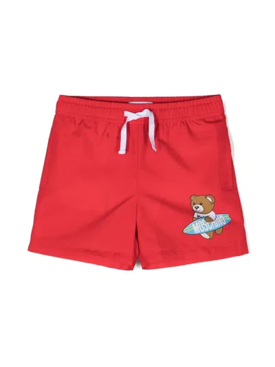 Moschino Kids' Teddy Bear-print Swim Shorts In Red