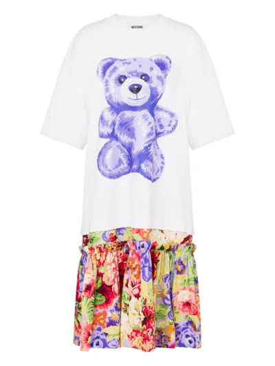 Moschino Teddy Bear Print T-shirt And Floral Mini Skirt Set In White