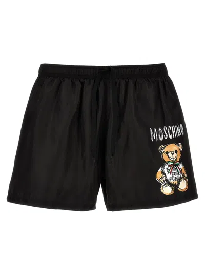 Moschino Teddy Bear Printed Drawstring Swim Shorts In Black