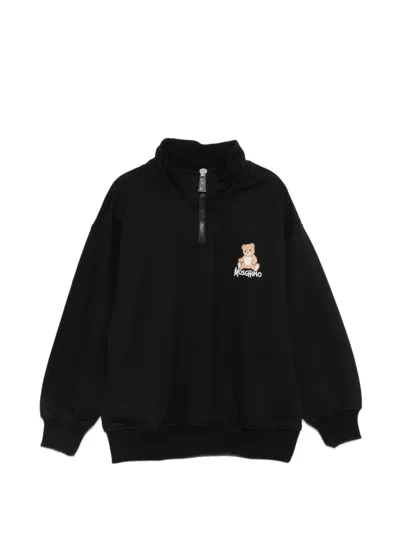 Moschino Kids' Teddy Bear Quarter-zip Sweatshirt In Black