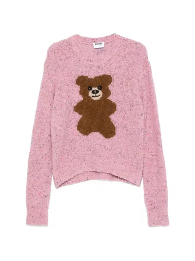Moschino Cropped Crew Neck Knit Sweater Bear Motif In Pink