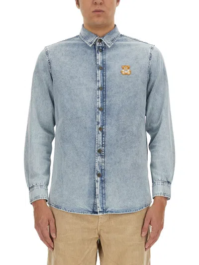 Moschino Blue Patch Denim Shirt In Multicolour
