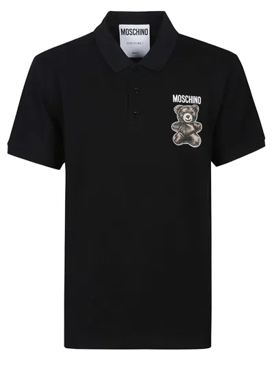 Moschino Teddy Bear Short Sleeve Polo Shirt In Nero Fantasia