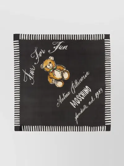 Moschino Teddy Bear Striped Border Scarf In Black