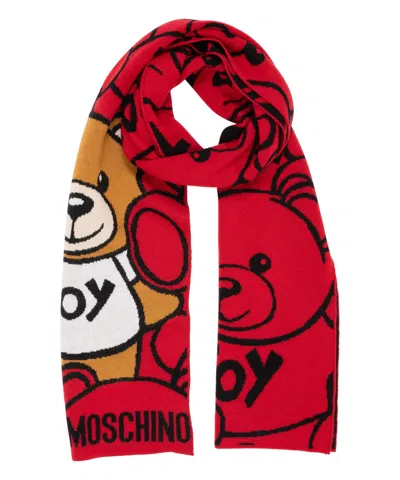 Moschino Teddy Bear Wool Scarf In Red