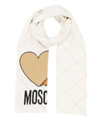 Moschino Teddy Bear Wool Scarf In White