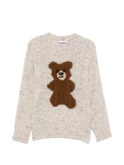 Moschino Relaxed Crew Neck Knit Sweater Bear Motif In Pink