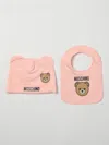 Moschino Teddy Cotton Hat And Bib Set In Pink