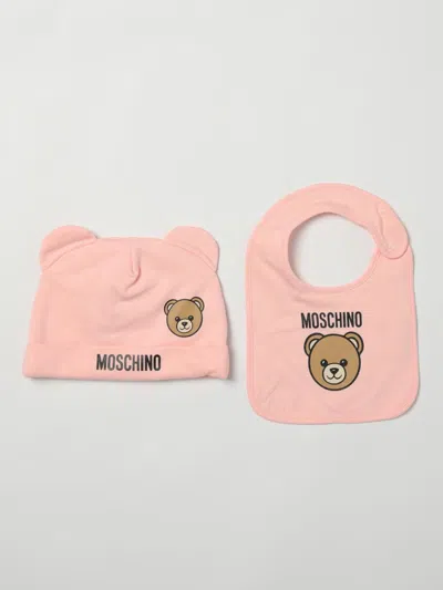 Moschino Teddy Cotton Hat And Bib Set In Pink