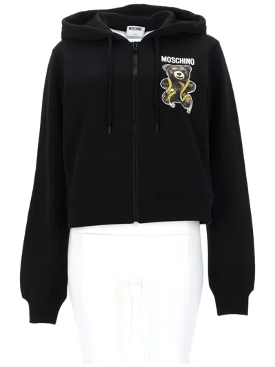 Moschino Teddy Cropped Hoodie Teddy Bear Graphic Cotton Sweatshirt In Black