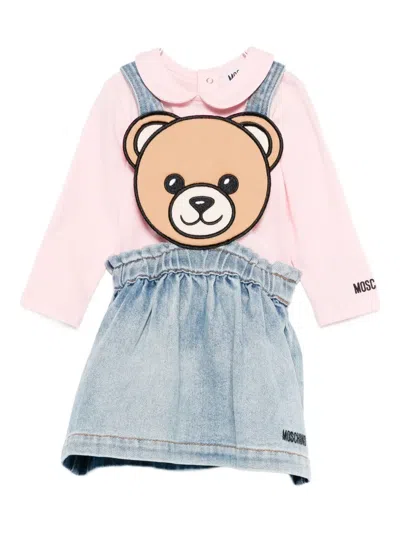 Moschino Babies' Teddy-embellished Denim Dress In Pink