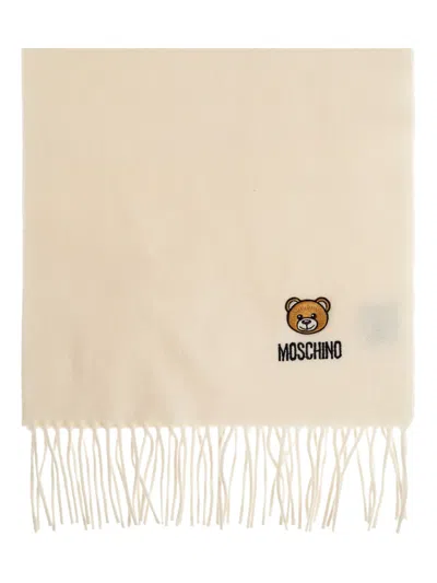 Moschino Teddy-embroidered Fringe Scarf In Neutral