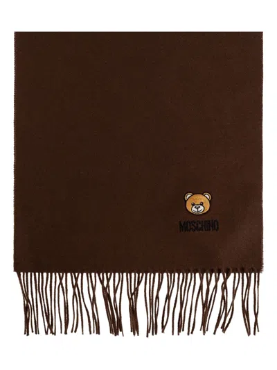Moschino Teddy-embroidered Fringed Scarf In Brown
