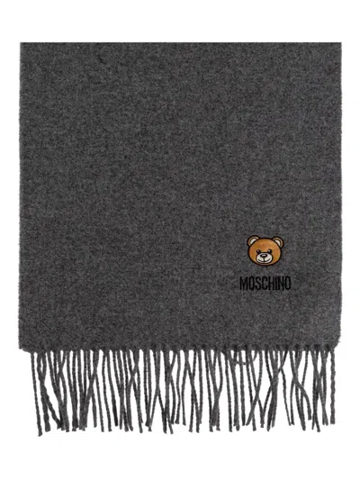 Moschino Teddy-embroidered Fringed Scarf In Gray