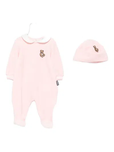 Moschino Teddy-embroidered Peter Pan Collar Babygrow In Pink