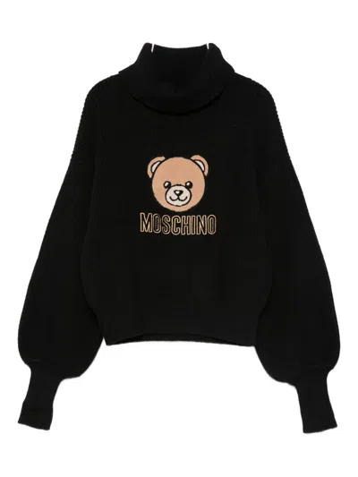 Moschino Teddy-embroidered Turtleneck Sweater In Black