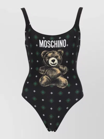 Moschino Teddy Graphic Print High Cut Swimsuit In Black