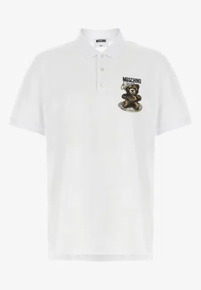 Moschino Teddy Logo Print Polo T-shirt In White