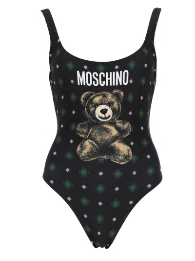 Moschino Teddy Graphic Print High Cut Swimsuit In Black