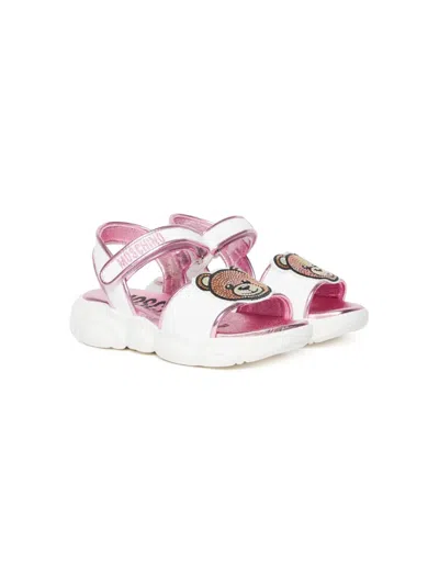 Moschino Kids' Teddy-patch Leather Sandals In White
