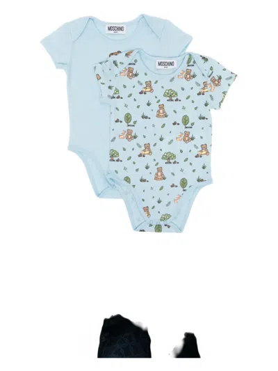Moschino Babies' Teddy-print Bodies (set Of Two) In Blue