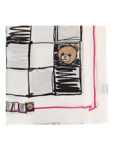 Moschino Teddy-print Chessboard Scarf In White