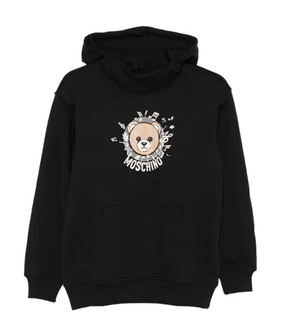 Moschino Kids' Teddy-print Cotton Hoodie In Black