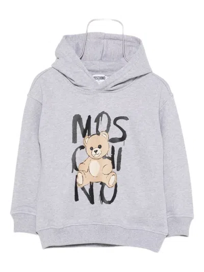 Moschino Kids' Teddy-print Cotton Hoodie In Gray