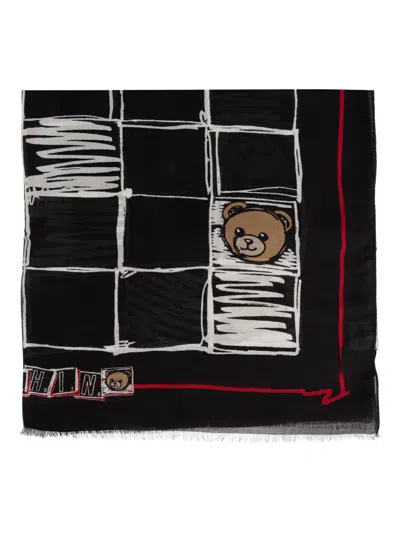Moschino Teddy-print Grid Scarf In Black