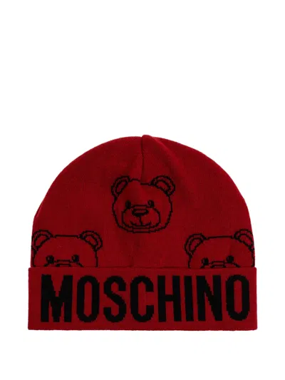 Moschino Teddy-print Logo Beanie In Red