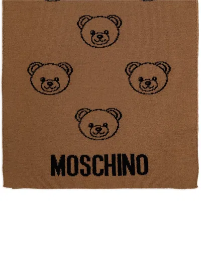 Moschino Teddy-print Logo Scarf In Brown