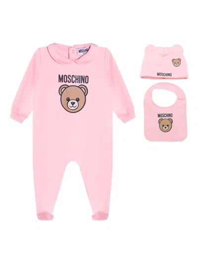 Moschino Teddy-print Peter Pan Collar Babygrow In Pink