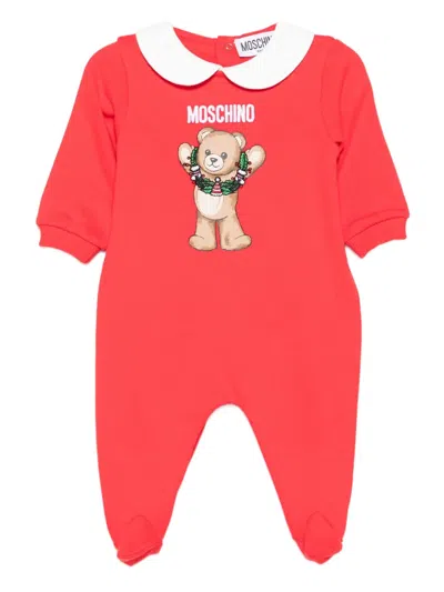 Moschino Babies' Teddy-print Peter Pan-collar Pajama In Red
