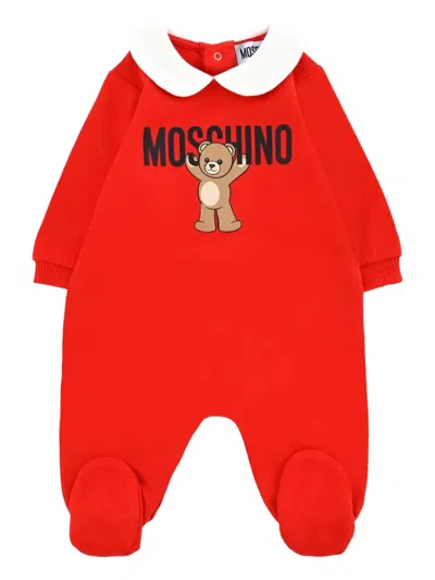 Moschino Babies' Teddy-print Peter Pan-collar Romper In Red