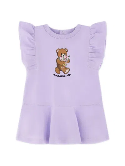 Moschino Babies' Teddy-print Ruffled Dress In Purple