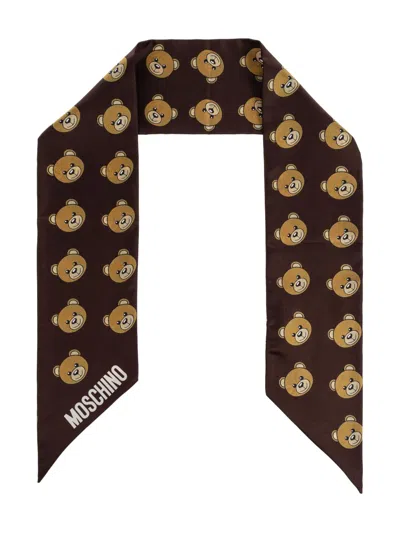 Moschino Teddy-print Silk Scarf In Brown
