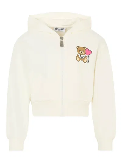 Moschino Kids' Teddy-print Zip-up Hoodie In White
