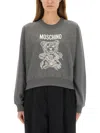 Moschino Ribbed Knitwear With Crew Neck And Graphic Print In Gray