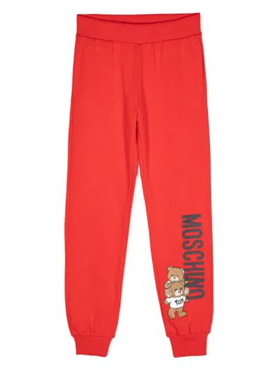 Moschino Kids' Teddybear-print Cotton Trousers In Red