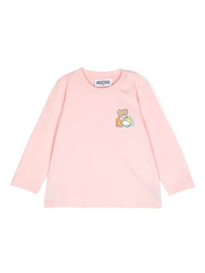 Moschino Kids' Teddybear-print Long-sleeved T-shirt In Pink