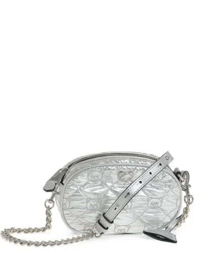Moschino Teddy-embroidered Quilted Clutch Bag In Gray