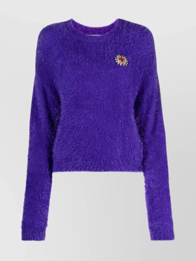 Moschino Textured Crewneck With Floral Appliqué In Purple